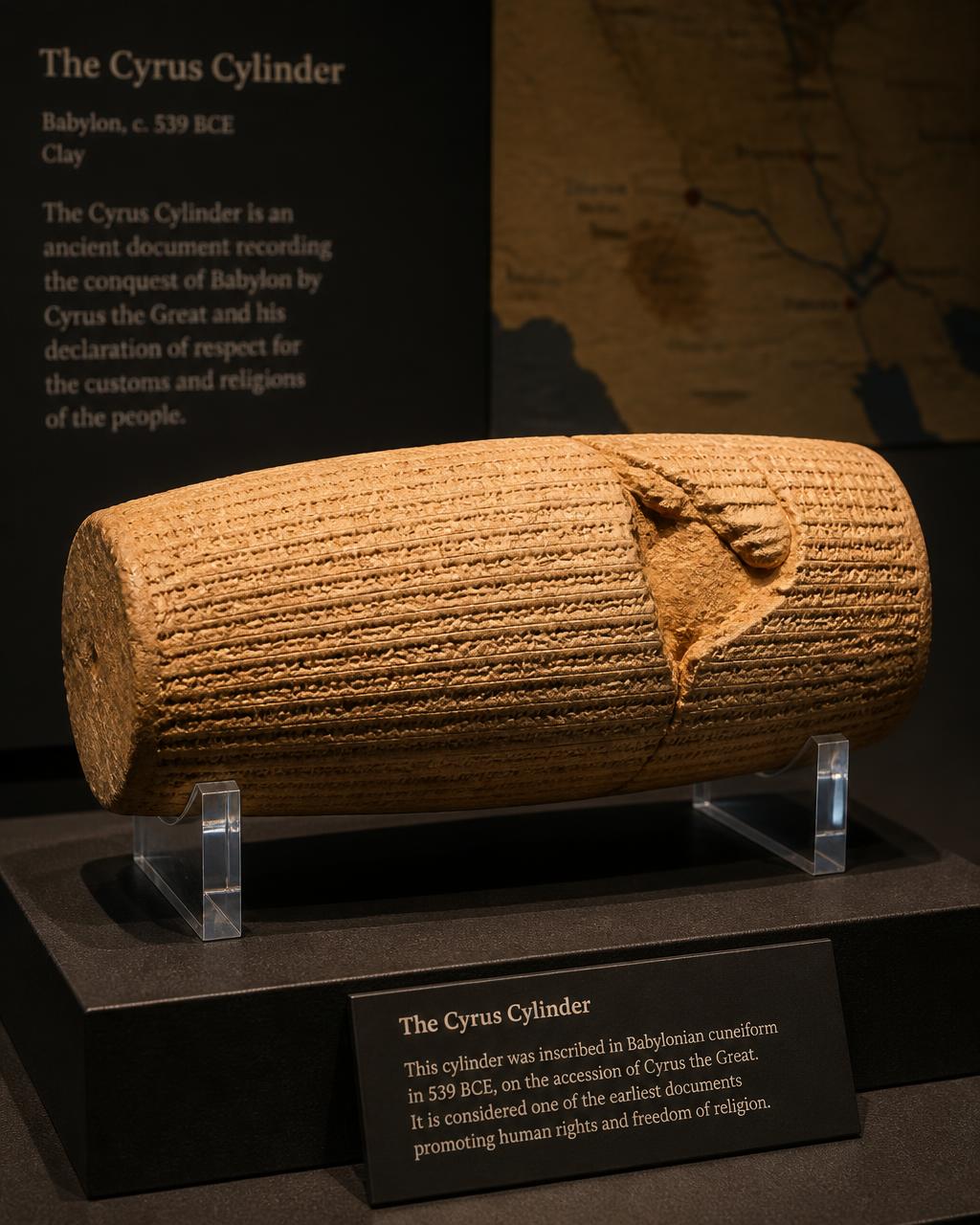 The Cyrus Cylinder, an ancient clay artifact with cuneiform inscriptions